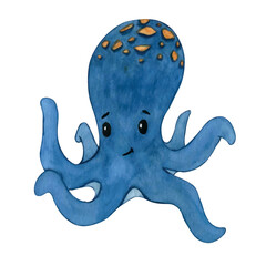 Watercolor illustration cute octopus, hand drawn on an isolated white background for kids print and invitation cards