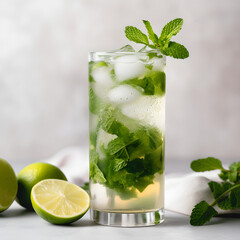 cold mojito in a highball glass, with fresh mint leaves, lime wedges and ice on gray background, Generative AI