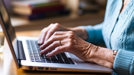 Fototapeta na wymiar Close-up of an elderly woman's hands and her laptop. the concept of older people and technology. ai generative