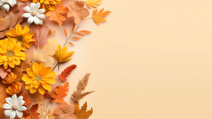 Naklejka na ściany i meble autumn composition of dry autumn leaves and flowers on a pastel background, top view, copyspace.ai generative