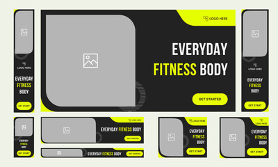 Minimallist fitness set of web banner template design for social media posts, abstract web cover, google ads bundle design template, fully editable vector eps file