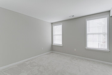 Amazing Large Empty Spacious interior with grey millennial modern minimal walls carpet and outdoor window views with nobody