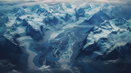 Landscape of mountains with glaciers. Aero view. Generative ai image.