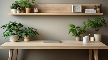 Beautiful minimalist workspace interior, computer on wooden table, office workplace