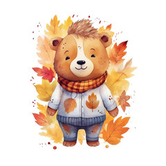 Cute watercolor baby autumn bear isolated. Illustration AI Generative.