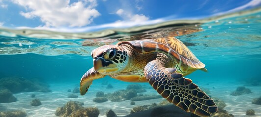 Fototapeta na wymiar Animals reptilian of the ocean background - Closeup of sea turtle underwater photography portrait. water diving holiday coral reef swimming snorkeling, tourism, travel destination (Generative Ai)