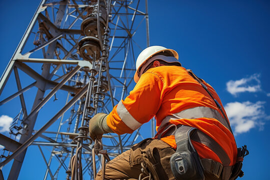 Telecom engineer wearing safety gear constructing a cellular tower site