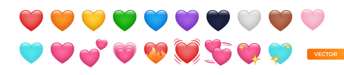 Heart Emojis set. Sparkling, growing, two Hearts, beating, revolving, broken, mending, heart exclamation, red, orange, yellow, green, blue, purple, brown, black. Iphone Whatsapp Heart Emojis