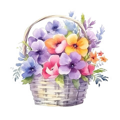 Cute watercolor flowers in basket. Illustration AI Generative.