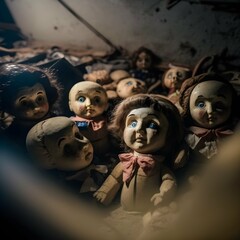 Several old dolls in the crawlspace arranged in a circle and covered in a thick layer of dust illuminated with a flashlight 