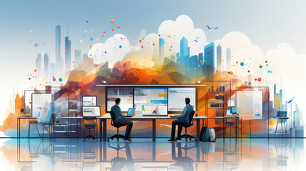 Illustration, business consulting, collaboration, business people working in office, analytics banner background