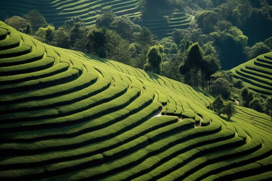 Tea plantations. Tea cultivation. Generative ai image.