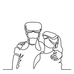 Two women embracing wearing virtual reality glasses device. Metaverse concept. Continuous line. Hand drawn. One line. line art. Logo design. Vector. illustration