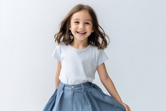 portrait of smiling little girl in blue skirt, isolated on grey