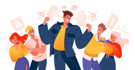 Evil Man, аurious person in rage and People Frightened by His Behavior. Theme of bullying, emotional breakdown, burnout at work, uncontrollable anger, effect of stress on main character and community