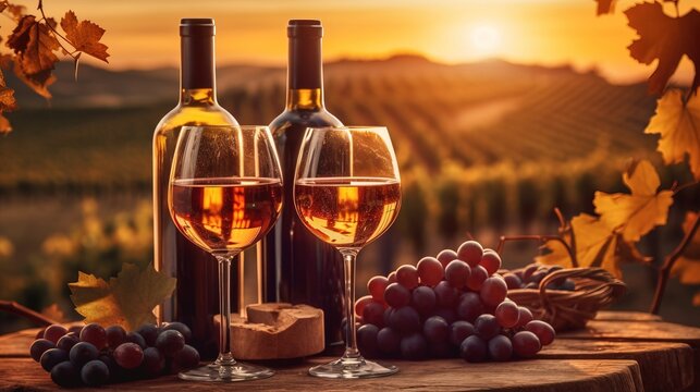 Two wine bottles and two wine glass on wodden table on against the backdrop of a vineyard at sunset. Generative ai image.