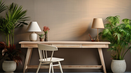 Modern workplace in bright scandinavian interior, computer and keyboard on wooden table