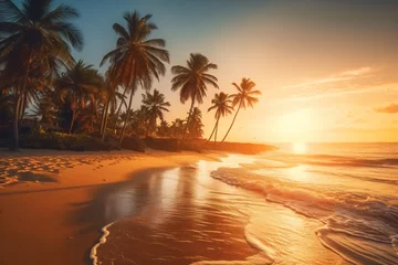 Gordijnen Sunny exotic beach by the ocean with palm trees at sunset summer vacation by the sea photography © yuniazizah