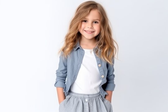 Portrait of a cute little girl with long blond hair on a white background