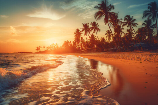 Sunny exotic beach by the ocean with palm trees at sunset summer vacation by the sea photography