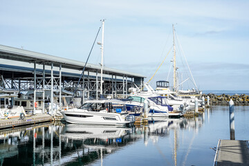 Port of Edmonds marina in Washington, USA. Pacific Ocean.