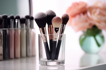 Artistry in Motion Professional Makeup Brushes Set in a Glass, Unveiling the Beauty of Cosmetics. created with Generative AI