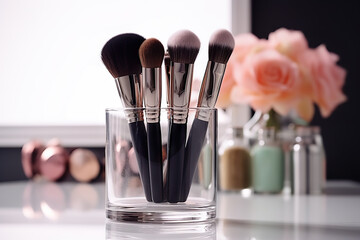 Artistry in Motion Professional Makeup Brushes Set in a Glass, Unveiling the Beauty of Cosmetics. created with Generative AI
