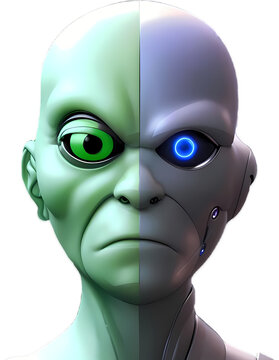 3d rendered illustration of a half Alien Robot, ET vs AI, Humanoid, on transparent background