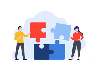 People work together successfully, Teamwork concept, discuss tasks, Connect puzzle elements, brainstorming, Developing business, Partnership. Team working, cooperation, Business concept,
