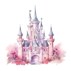 Cute watercolor princess castle. Illustration AI Generative.