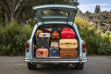 Old fashioned car trunk overloaded with suitcases and bags of different shapes. Family preparing for traveling for a vacation.  - obrazy, fototapety, plakaty