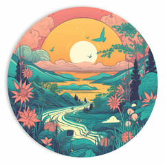 A river middle of a forest painting in a round shape