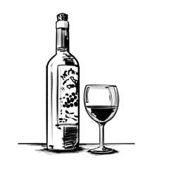 Hand drawn wine  - bottle and glass (black pencil)