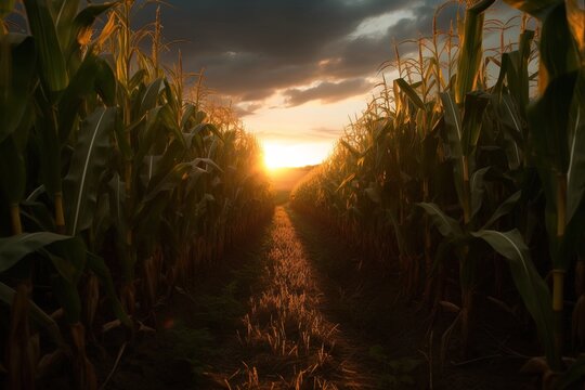 Landscape of corn field on sunset. Generative ai image.