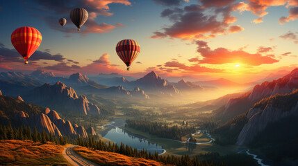 Fototapeta na wymiar Colorful hot-air balloons flying over misty morning sunrise