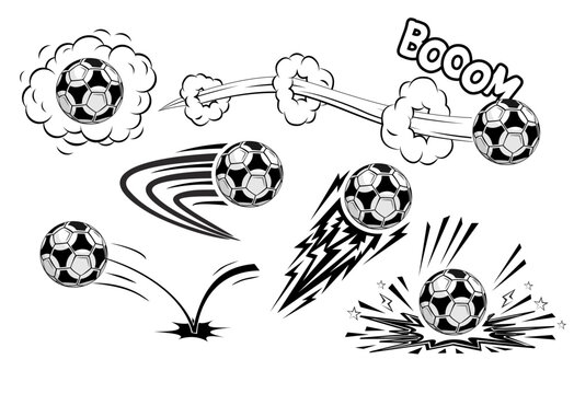 Soccers football balls fly at high speed. Vector in comic style on transparent background