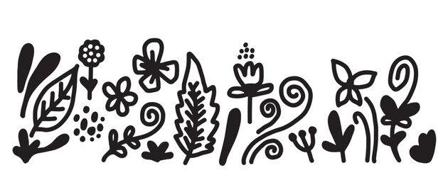 Black silhouettes of grass, flowers and herbs isolated on white background. Hand drawn sketch flowers.