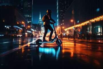 Nighttime Urban Micro Mobility Person Riding Electric Stand-Up Scooter in Abstract Cityscape. created with Generative AI