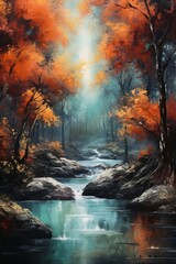 Fototapeta na wymiar river full of blue and orange falls in a forest. Illustration. Generative AI.