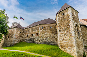 A panorama view along the side of the castle above Ljubljana, Slovenia in summertime