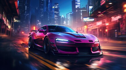 Futuristic sports car on a neon highway. Powerful acceleration on a night track with colorful lights and tracks.