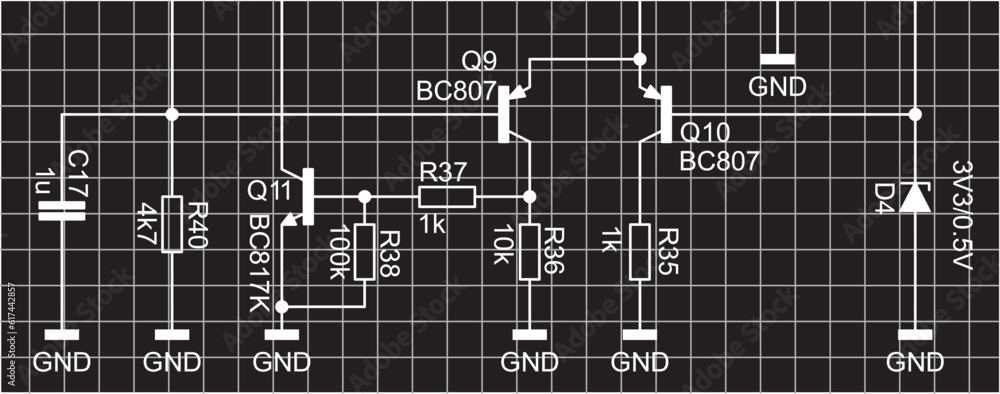 Poster an analog circuit with electronic components (capacitor, resistor, diode, transistor) connected by c