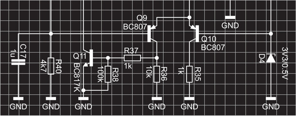 An analog circuit with
electronic components (capacitor, resistor,
diode, transistor) connected by conductors. Vector diagram of an electrical
schematic of an electronic device on a grid background.