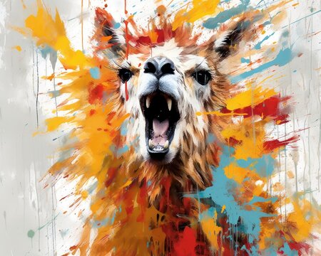 llama  form and spirit through an abstract lens. dynamic and expressive lama print by using bold brushstrokes, splatters, and drips of paint. llama raw power and untamed energy