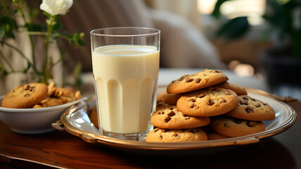 Cookies with a glass of milk, background living room.