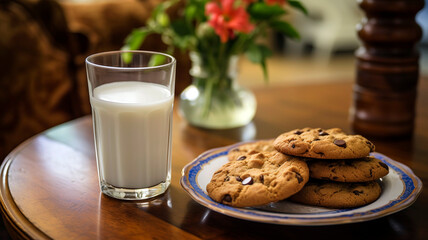 Cookies with a glass of milk, background living room.