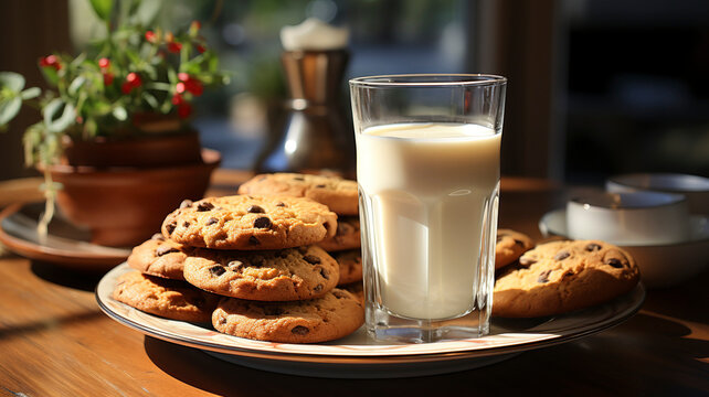 Cookies with a glass of milk, background living room.