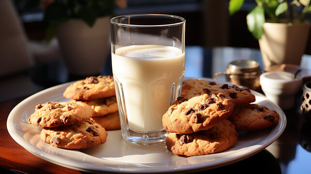 Cookies with a glass of milk, background living room.
