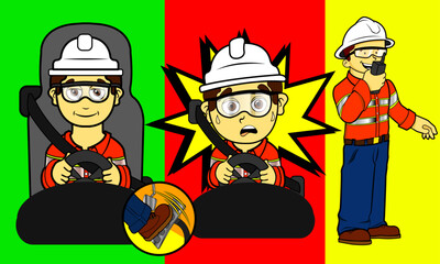 Trabajador industrial conduciendo sonriente, trabajador conduciendo asustado, trabajador industrial con radio de comunicación con casco y gafas de seguridad. Ilustración vectorial