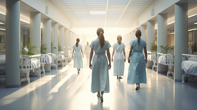 back view of a group of nurses in a hospital in the corridor. Generative AI